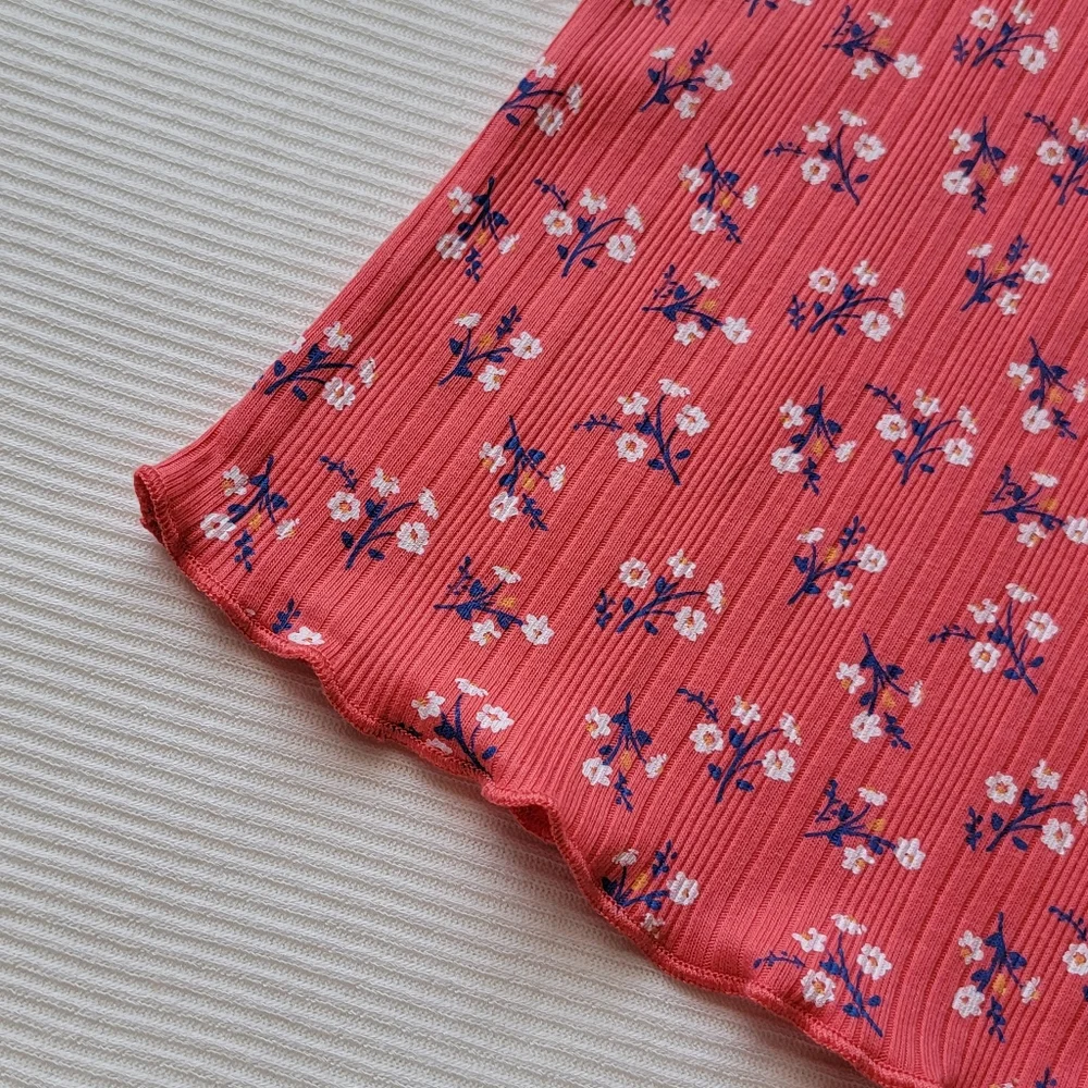 Floral Short Sleeve T-Shirt Ribbed Stripes Red Coral Daisy | Art Class